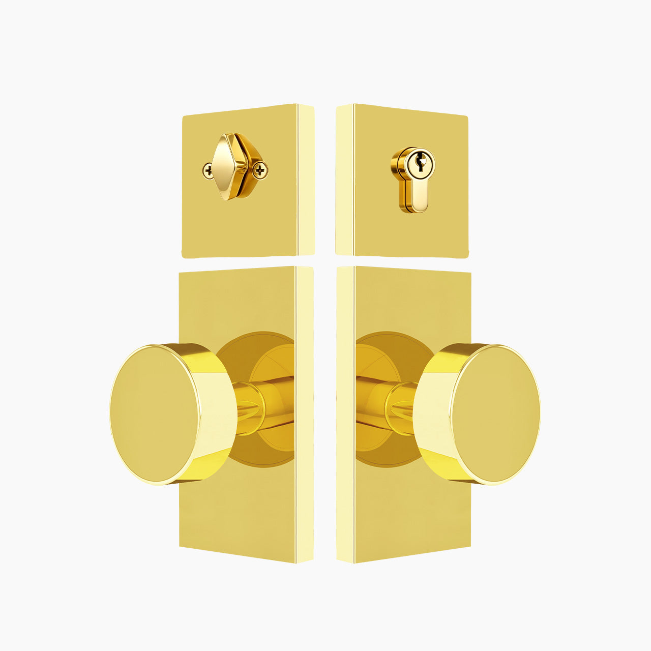 Polished brass entry door lock set with rectangular backplate and round knob, SENY