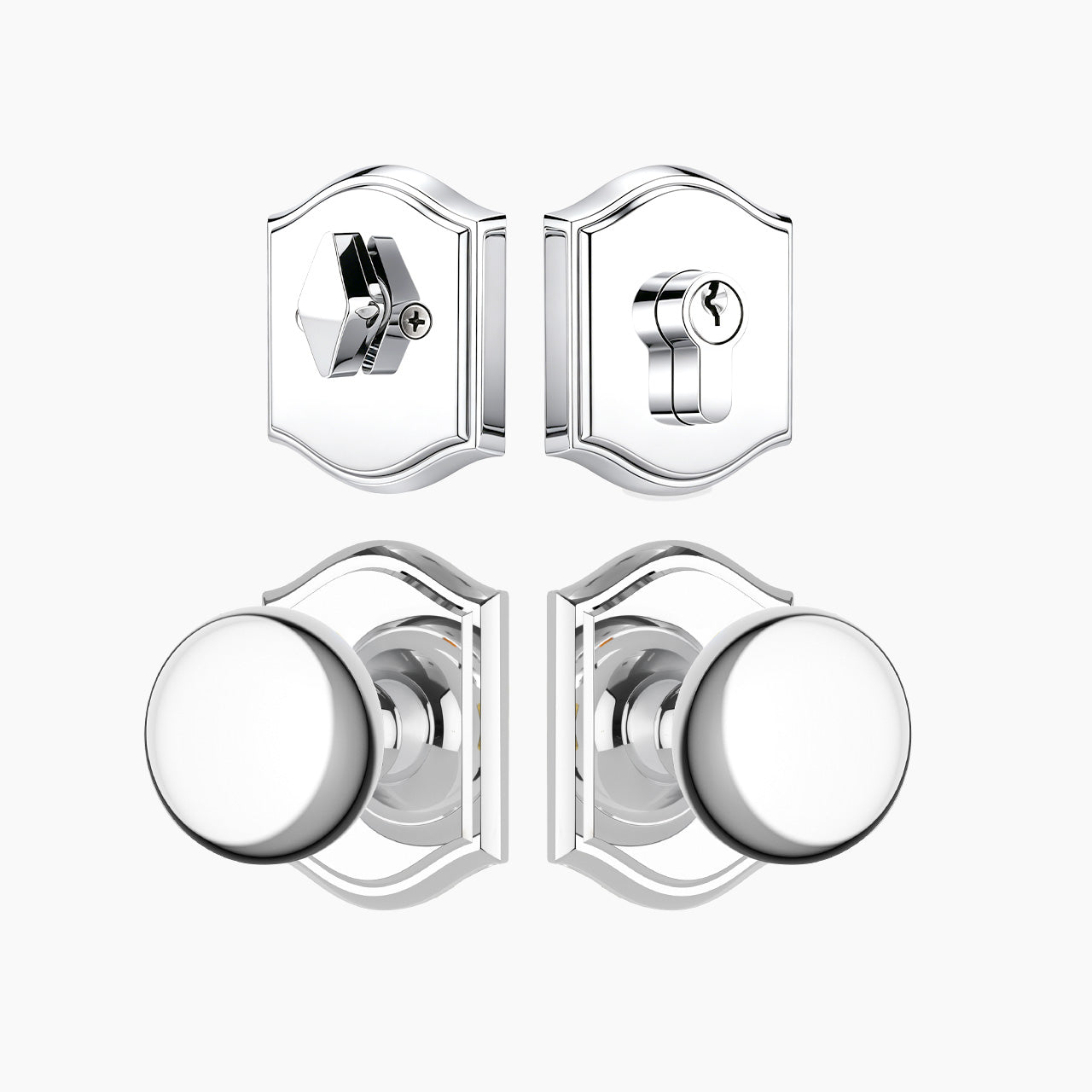 Polished chrome entry door knob set with deadbolt and arched plate design, SENY