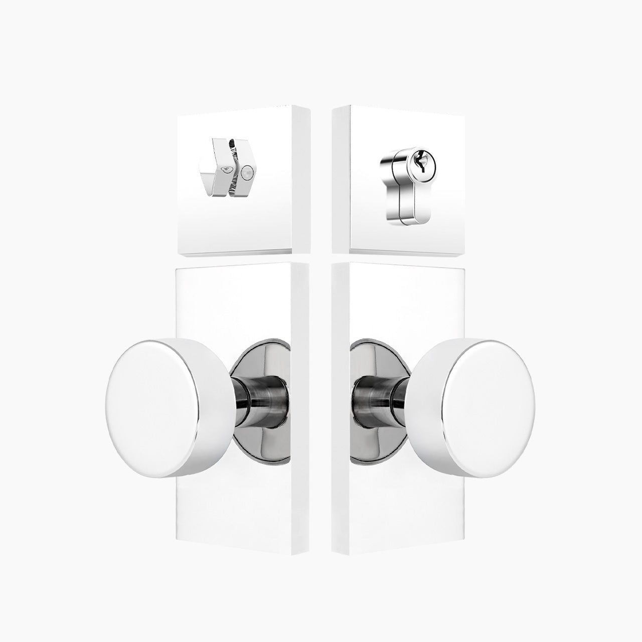 Polished chrome front door knob set with deadbolt and rectangular backplate, SENY
