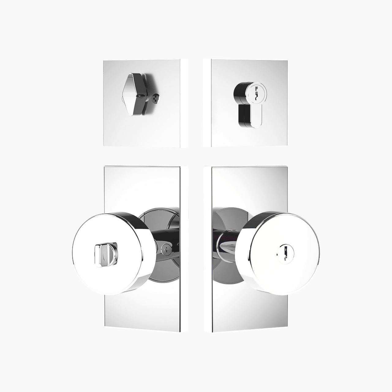 Polished chrome front door lock set with rectangular backplate and round knob, SENY