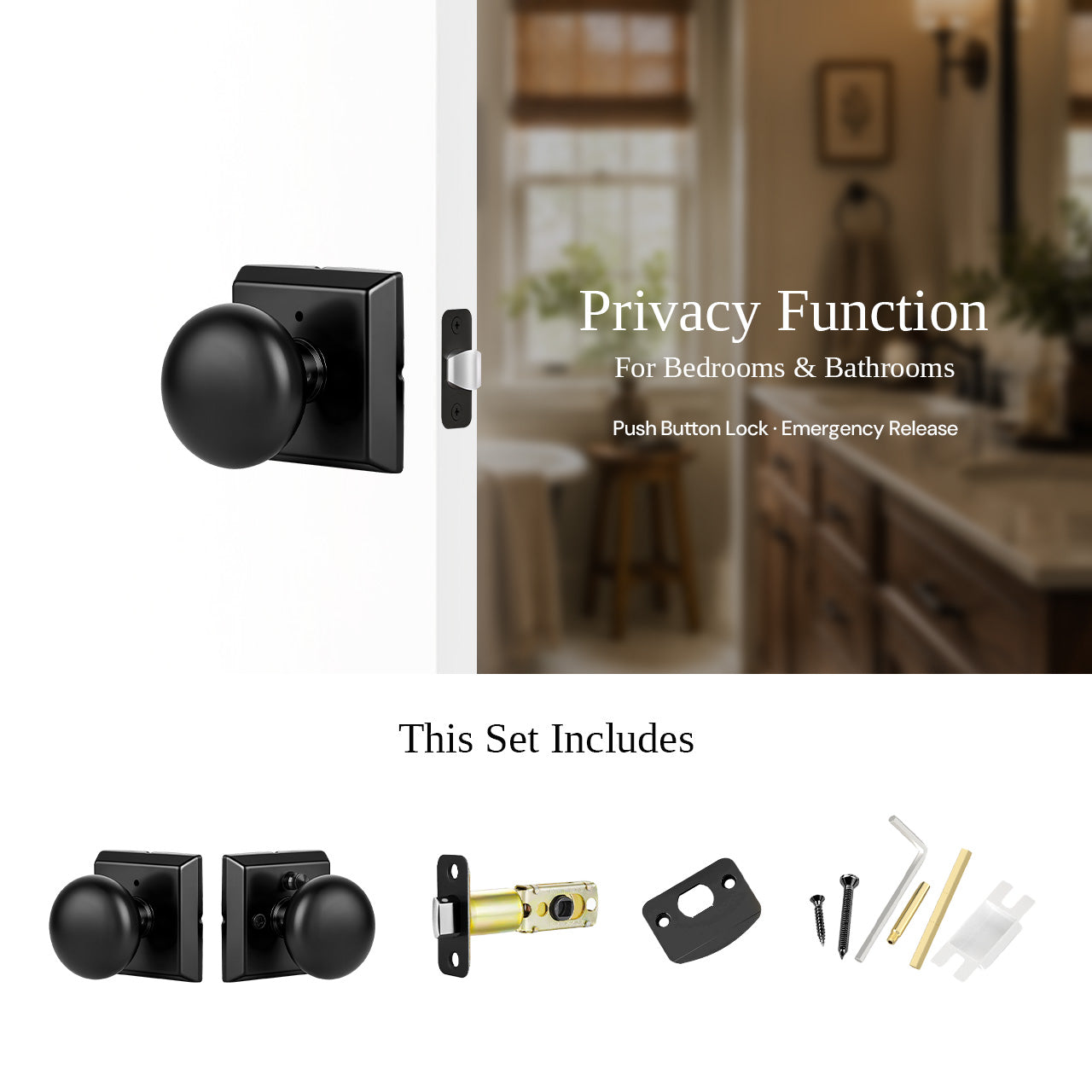 Privacy interior door knob with square rosette and emergency release function SENY