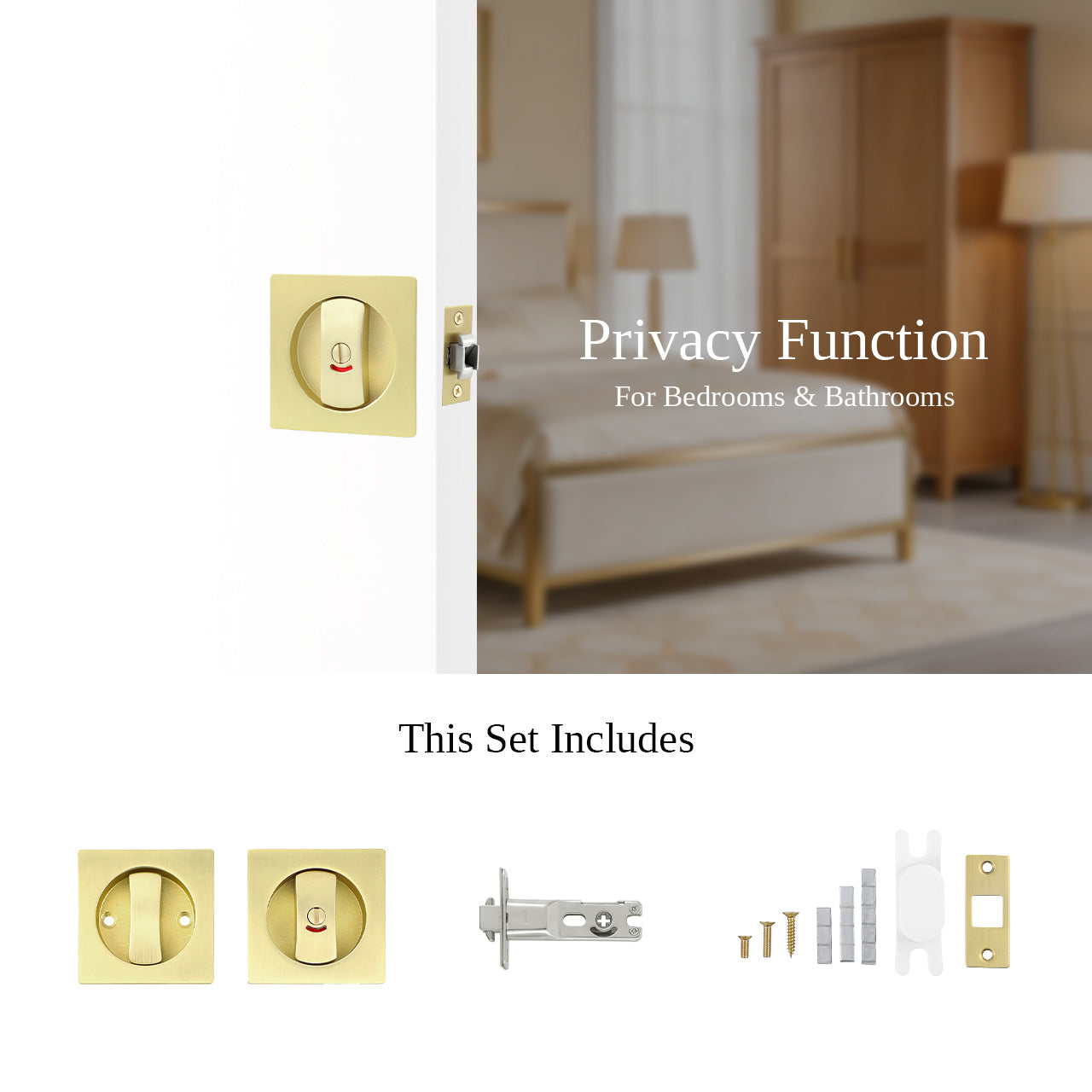 Privacy pocket door hardware installed with recessed lock body and mounting components, SENY