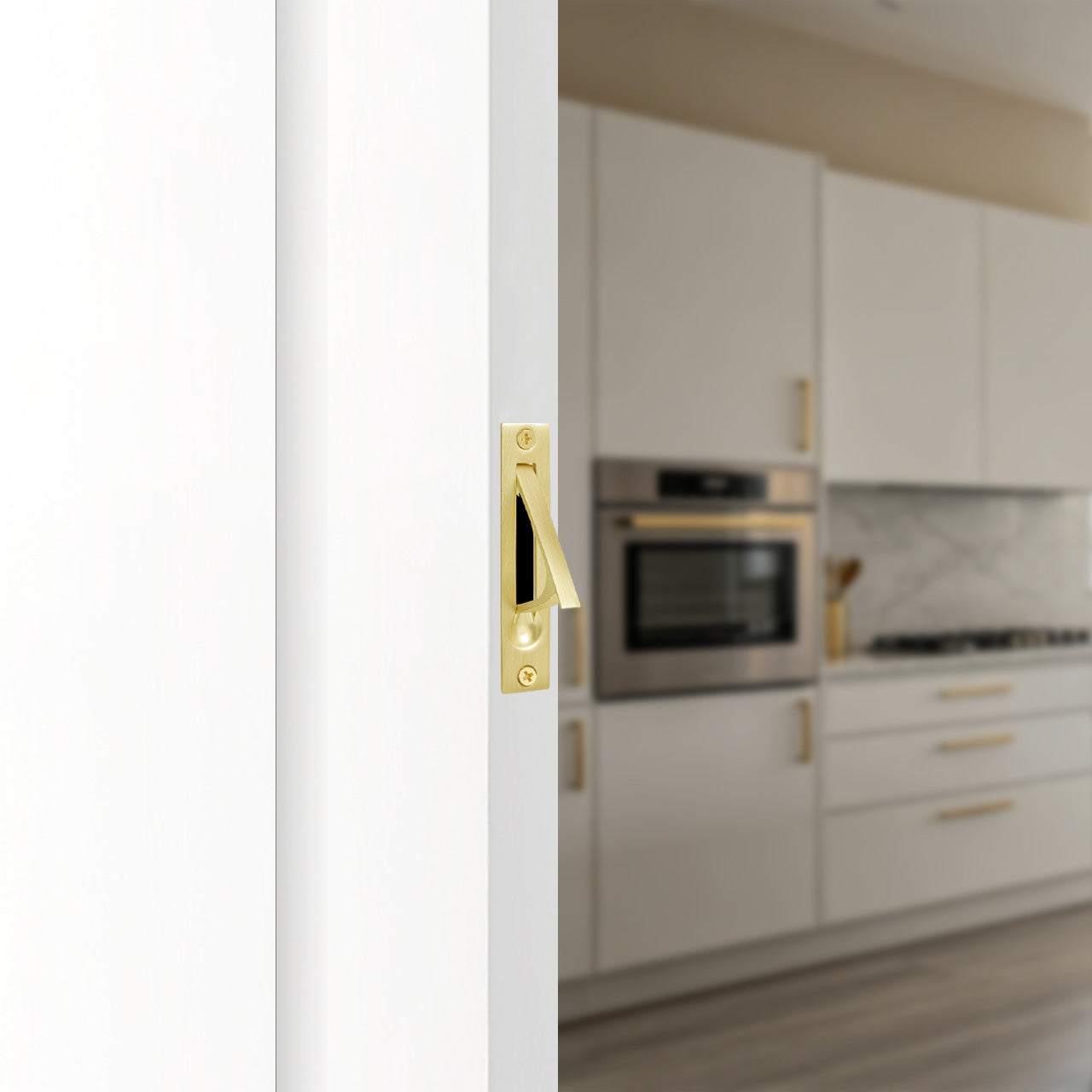 Recessed edge pull installed on interior sliding pocket door SENY