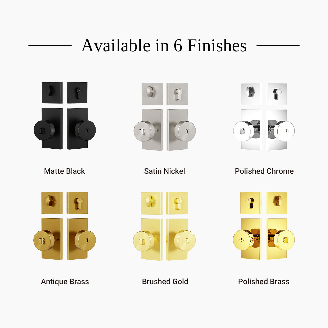 Rectangular backplate door knob set with deadbolt available in matte black polished chrome polished brass brushed gold satin nickel and antique brass finishes, SENY