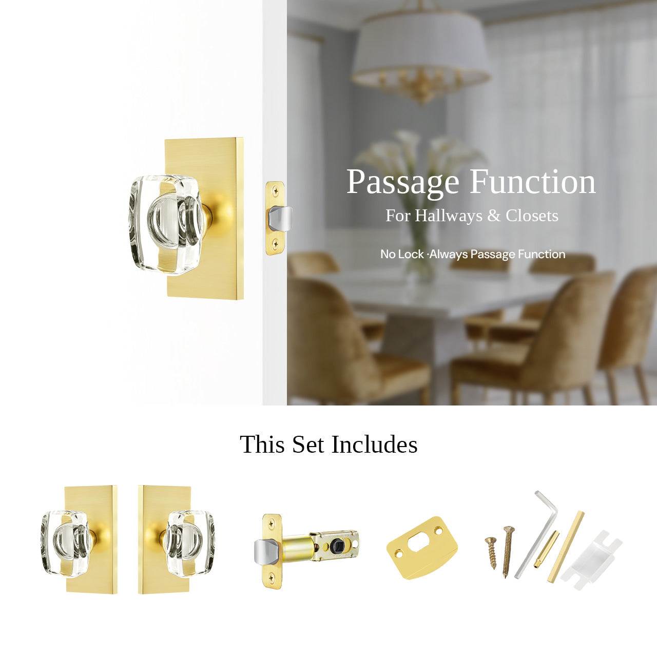 SENY rectangular crystal door knob passage function hardware set