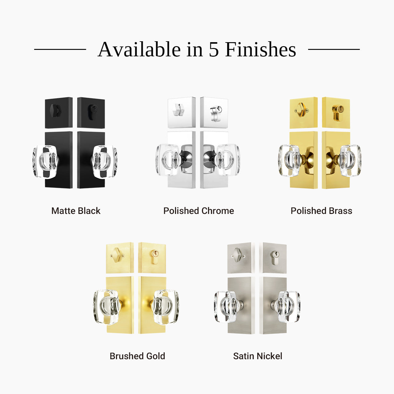 rectangular crystal door knob set finishes matte black brushed gold satin nickel SENY