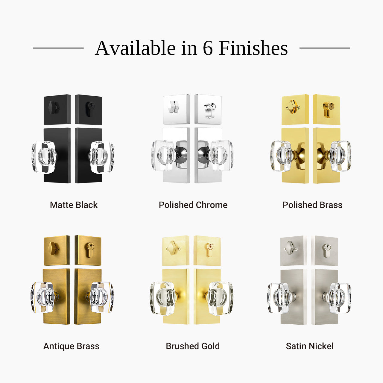 rectangular crystal door knob set finishes matte black brushed gold satin nickel SENY