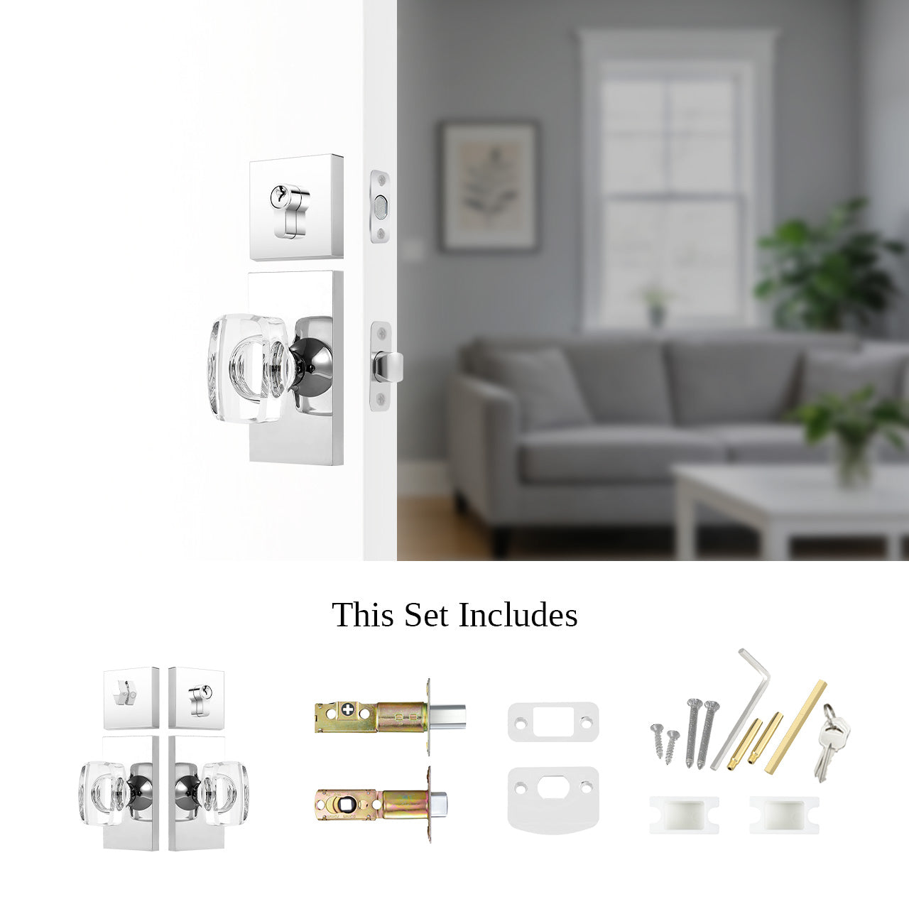 rectangular crystal door knob set with deadbolt components and installation hardware SENY