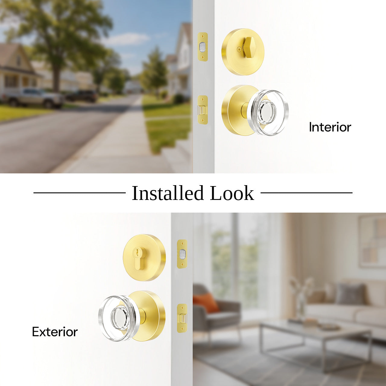 Round crystal door knob set with deadbolt installed with interior and exterior side view, SENY
