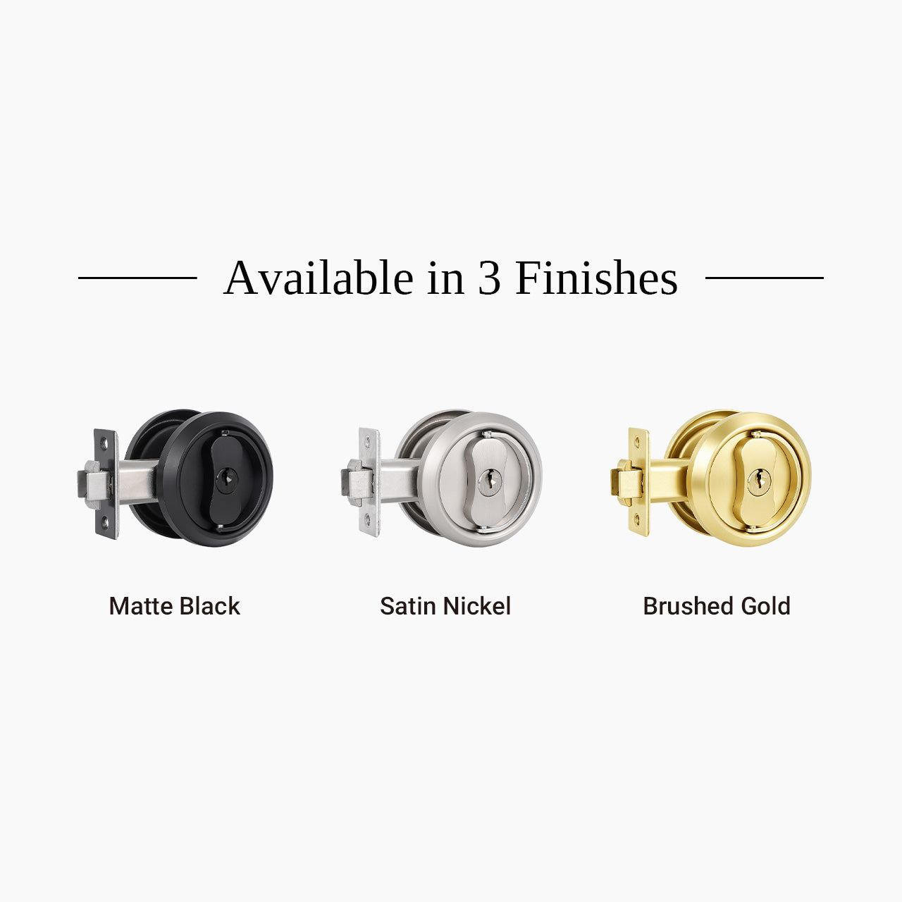 Round pocket door lock available in Matte Black Satin Nickel and Brushed Gold finishes SENY