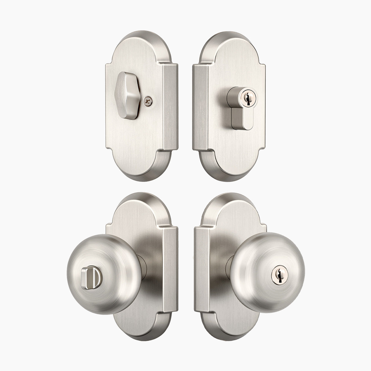 Satin nickel entry door knob set with deadbolt and arch rosette, SENY