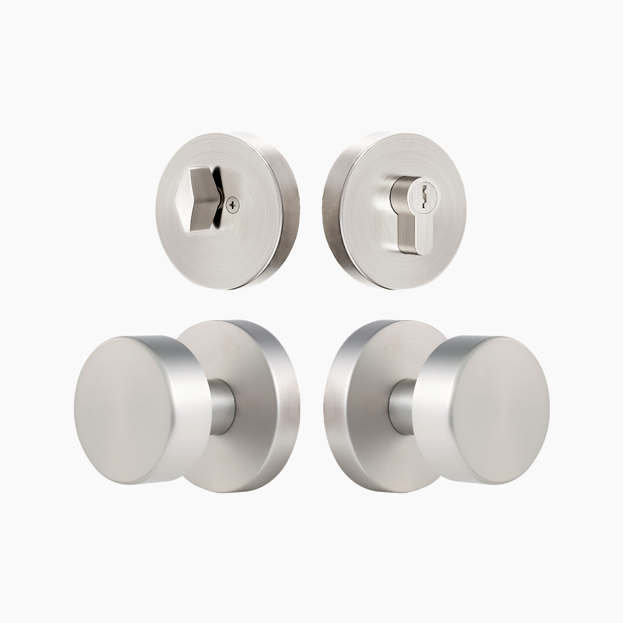 Satin nickel modern round exterior door knob and deadbolt set, SENY