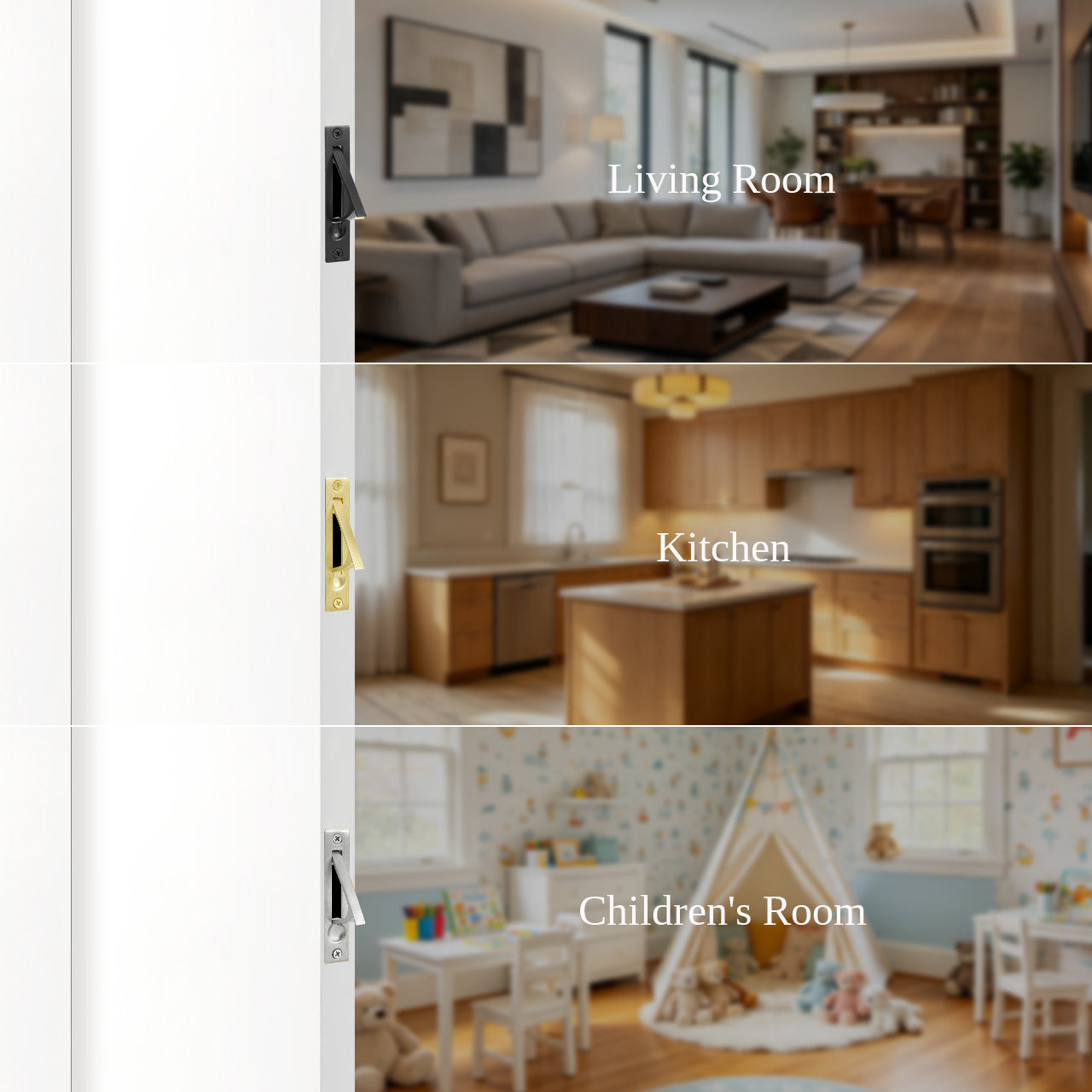 Sliding pocket door edge pull used for living room kitchen and children's room applications SENY