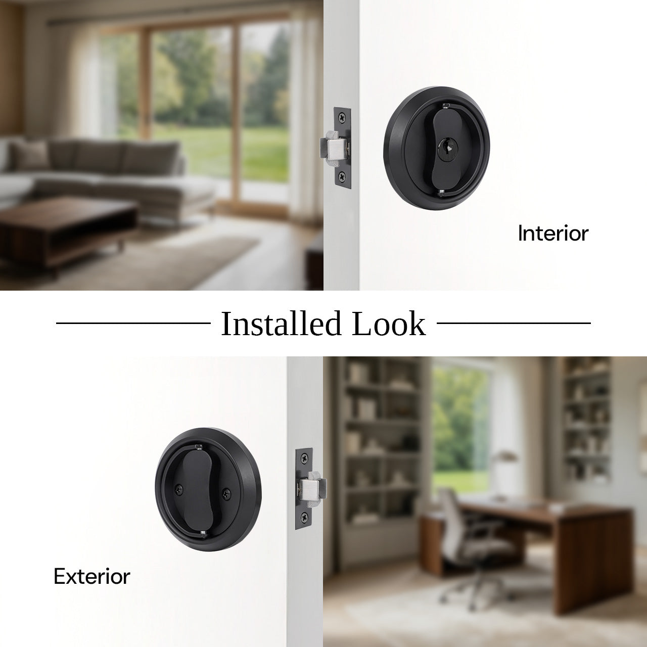 Sliding pocket door lock shown from interior and exterior installed views SENY