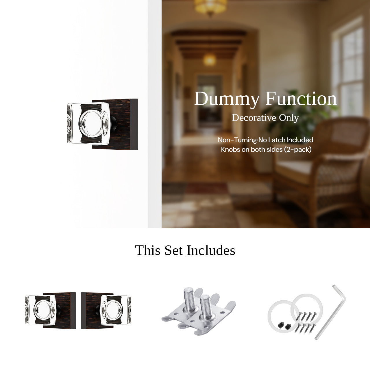 square backplate door knob dummy function non turning decorative installation SENY