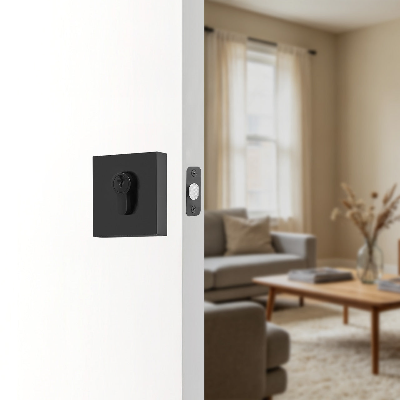 Square deadbolt lock installed on a modern front door SENY