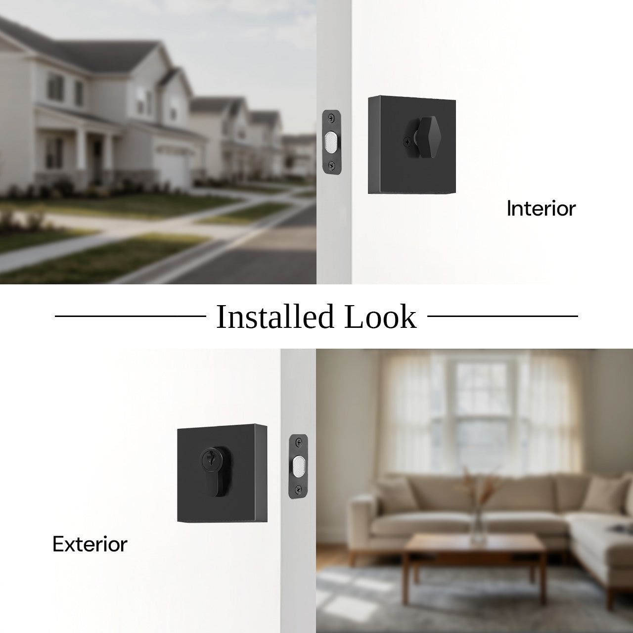 Interior and exterior view of a square single cylinder deadbolt lock SENY