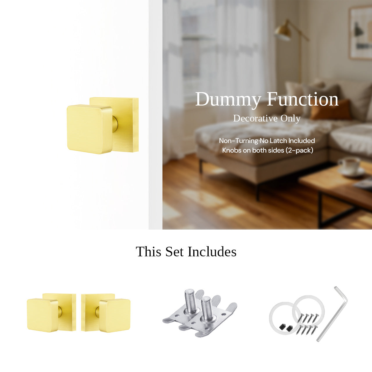 Square dummy door knobs installed with hardware details SENY