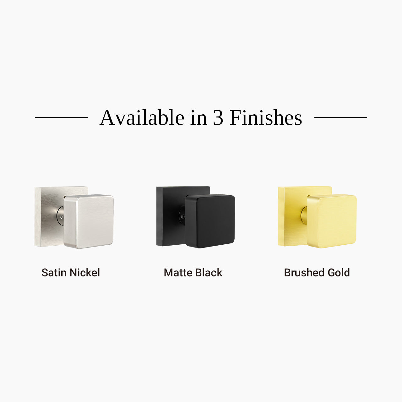 Square door knobs in brushed gold matte black and satin nickel finishes SENY