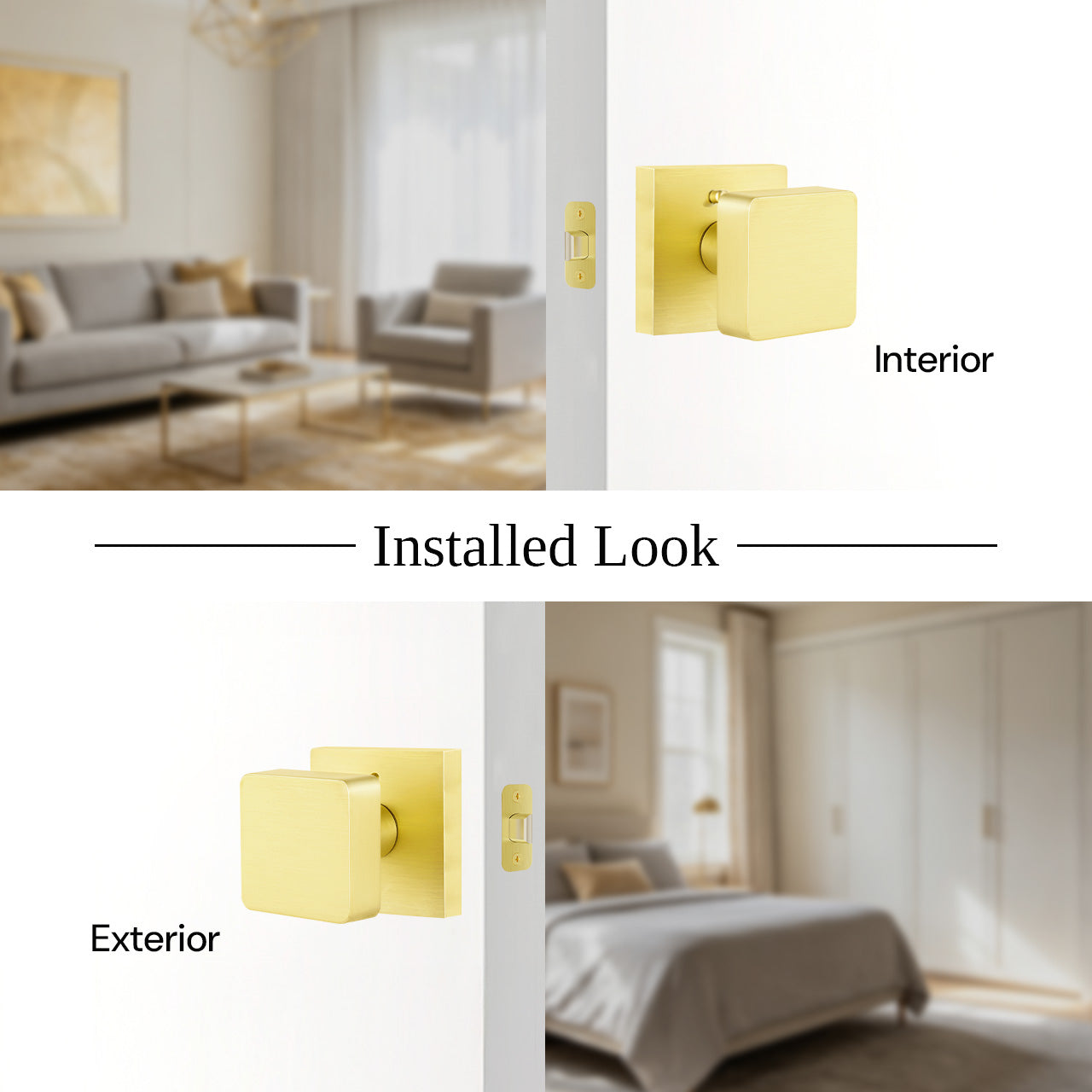 Square door knobs installed view from interior and exterior sides SENY