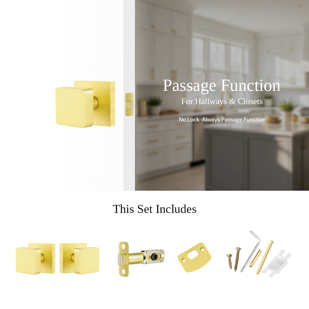 Square passage door knobs installed with hardware details SENY