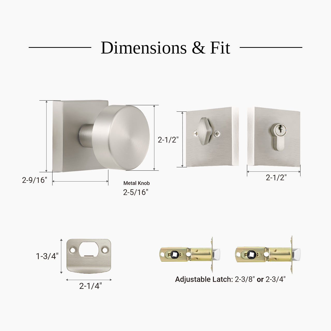 Square rosette door knob dimensions and standard exterior door fit guide, SENY