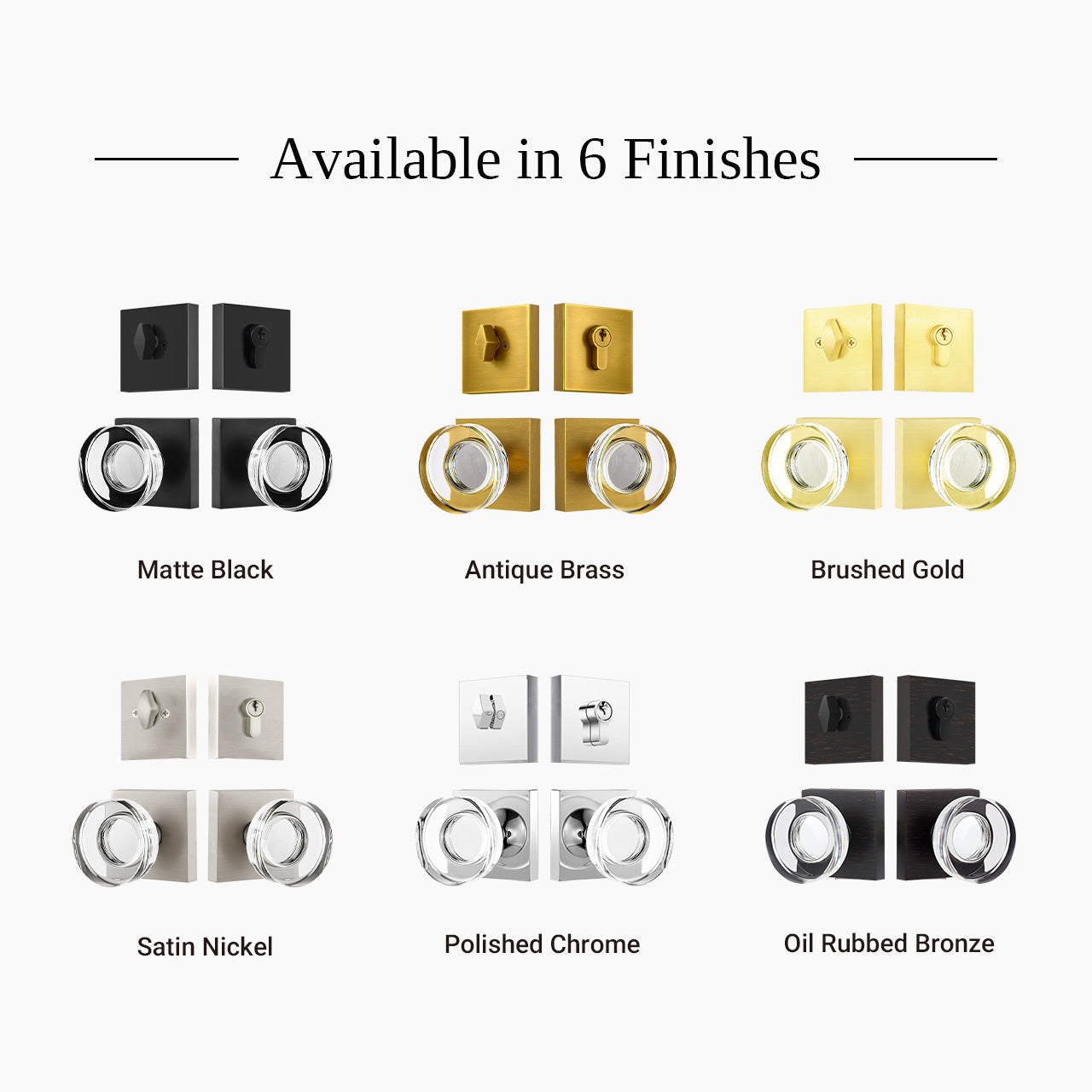 square rosette door knob set finishes matte black brushed gold satin nickel chrome SENY