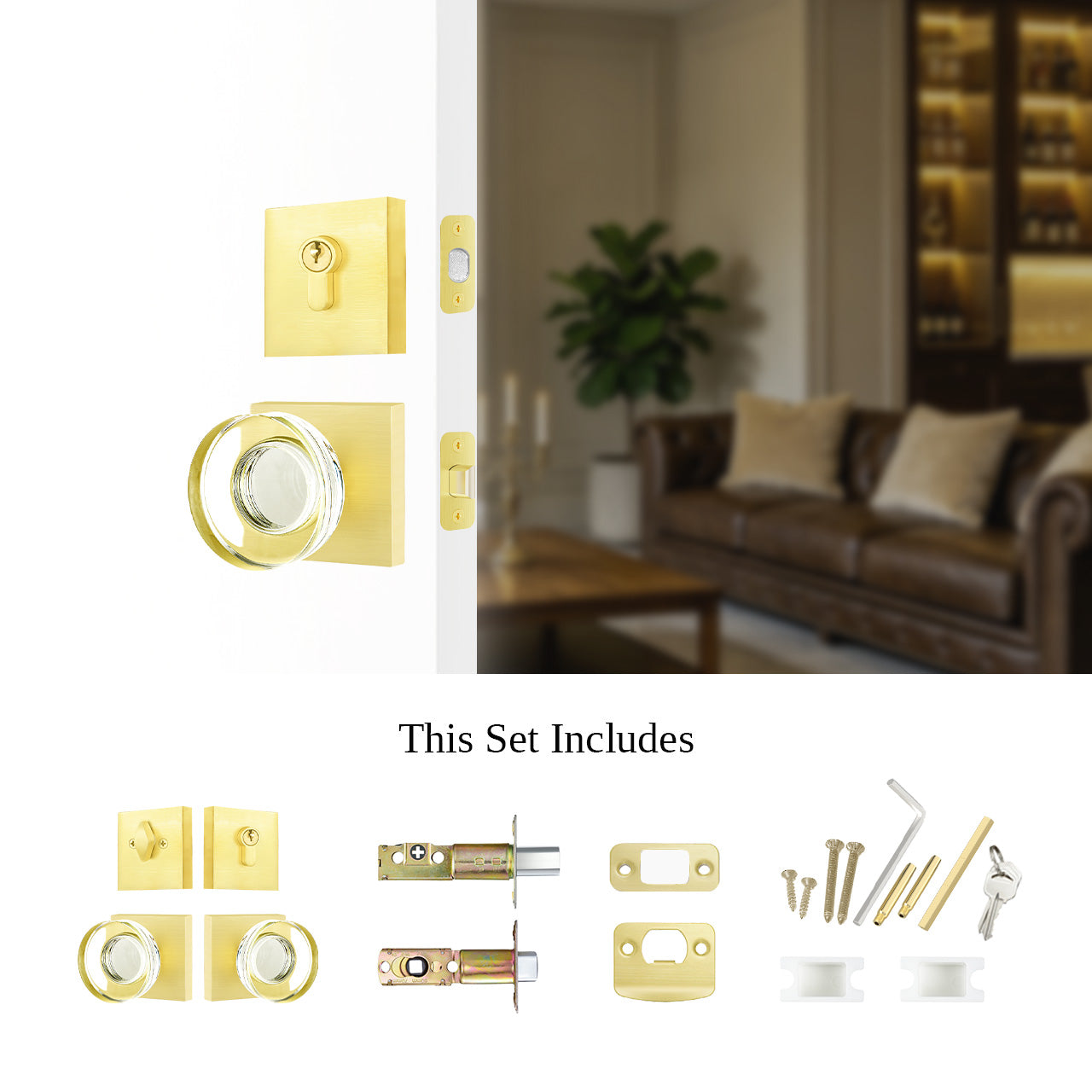 square rosette door knob set with deadbolt components latch and installation hardware SENY