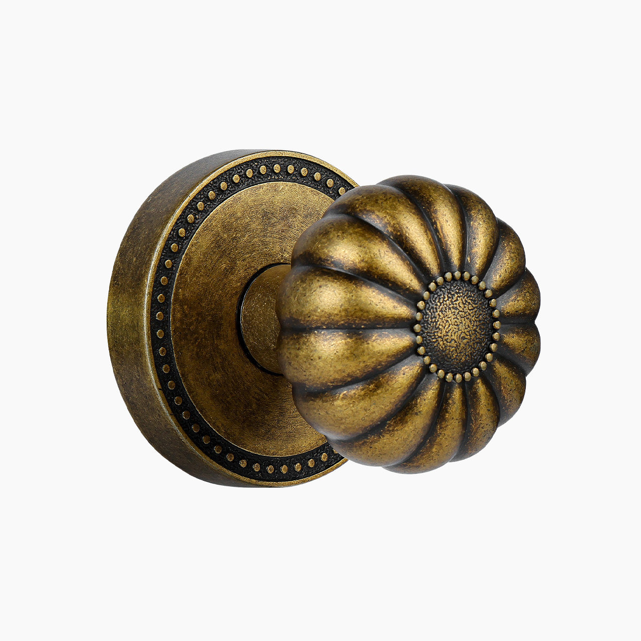 Vintage brass pumpkin passage door knob with round rosette, SENY