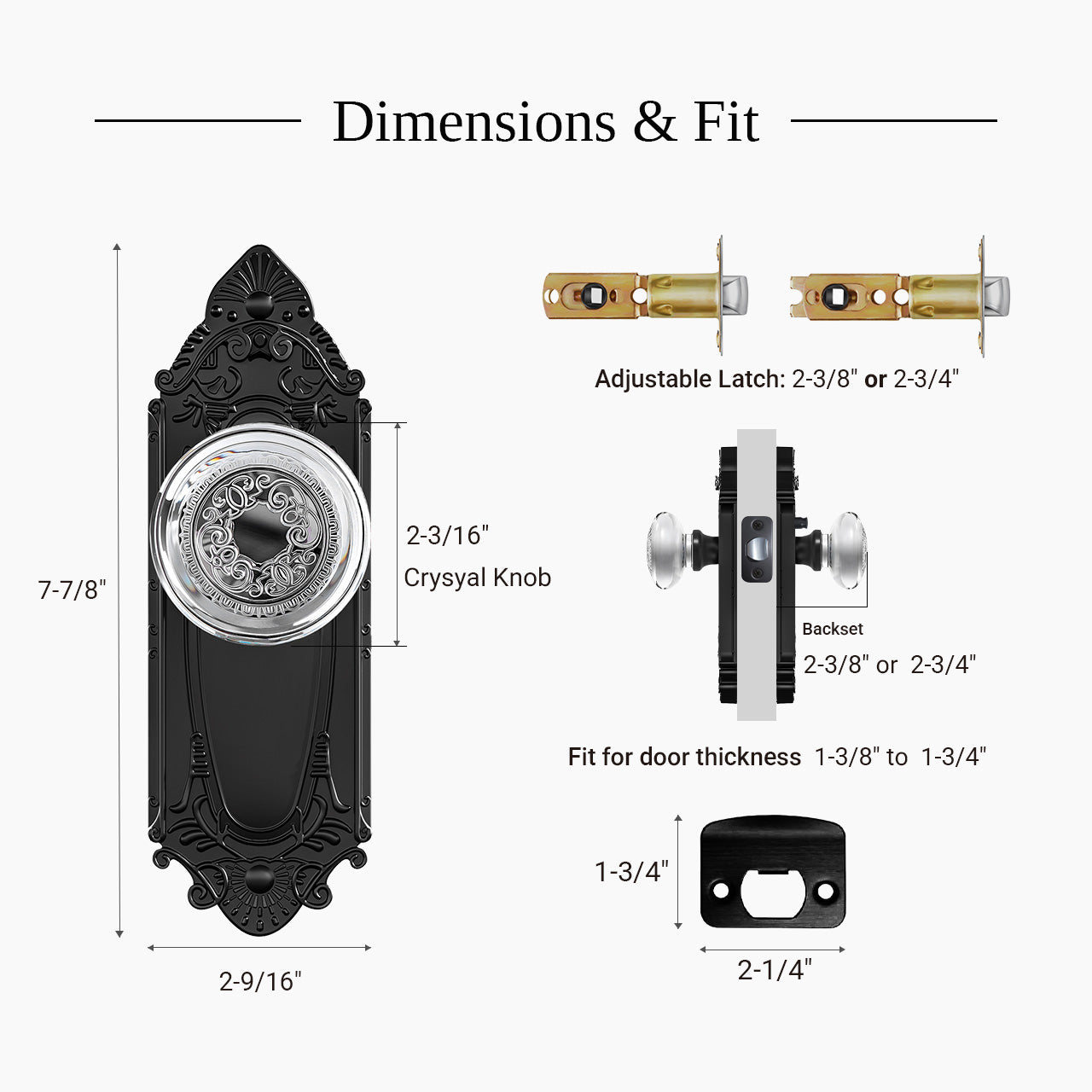 SENY vintage crystal door knob dimensions and door compatibility diagram