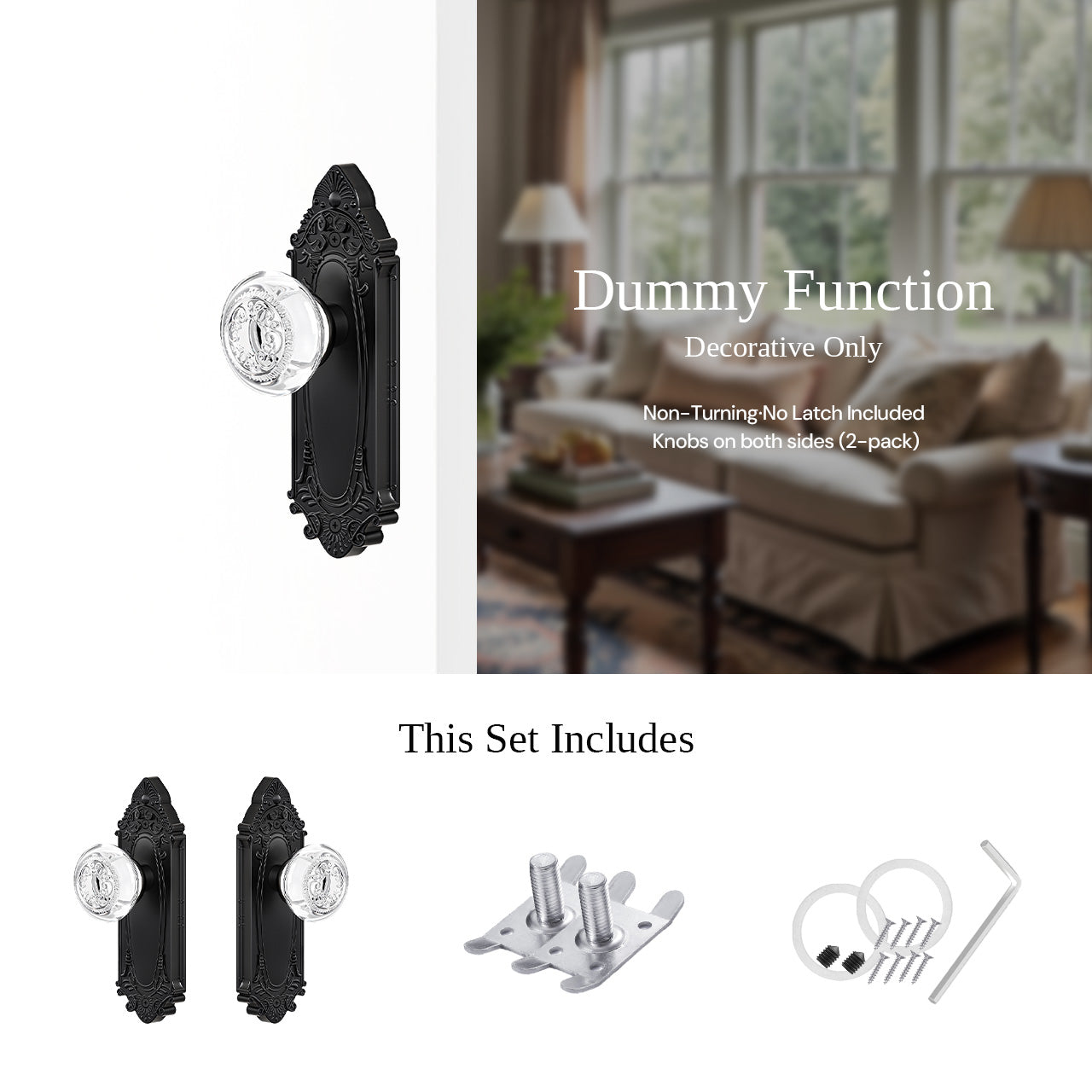 SENY vintage crystal door knob dummy function showing fixed non turning knob for decorative doors