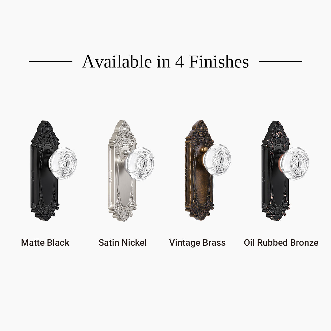 SENY vintage crystal door knob finish options including matte black satin nickel antique brass and oil rubbed bronze