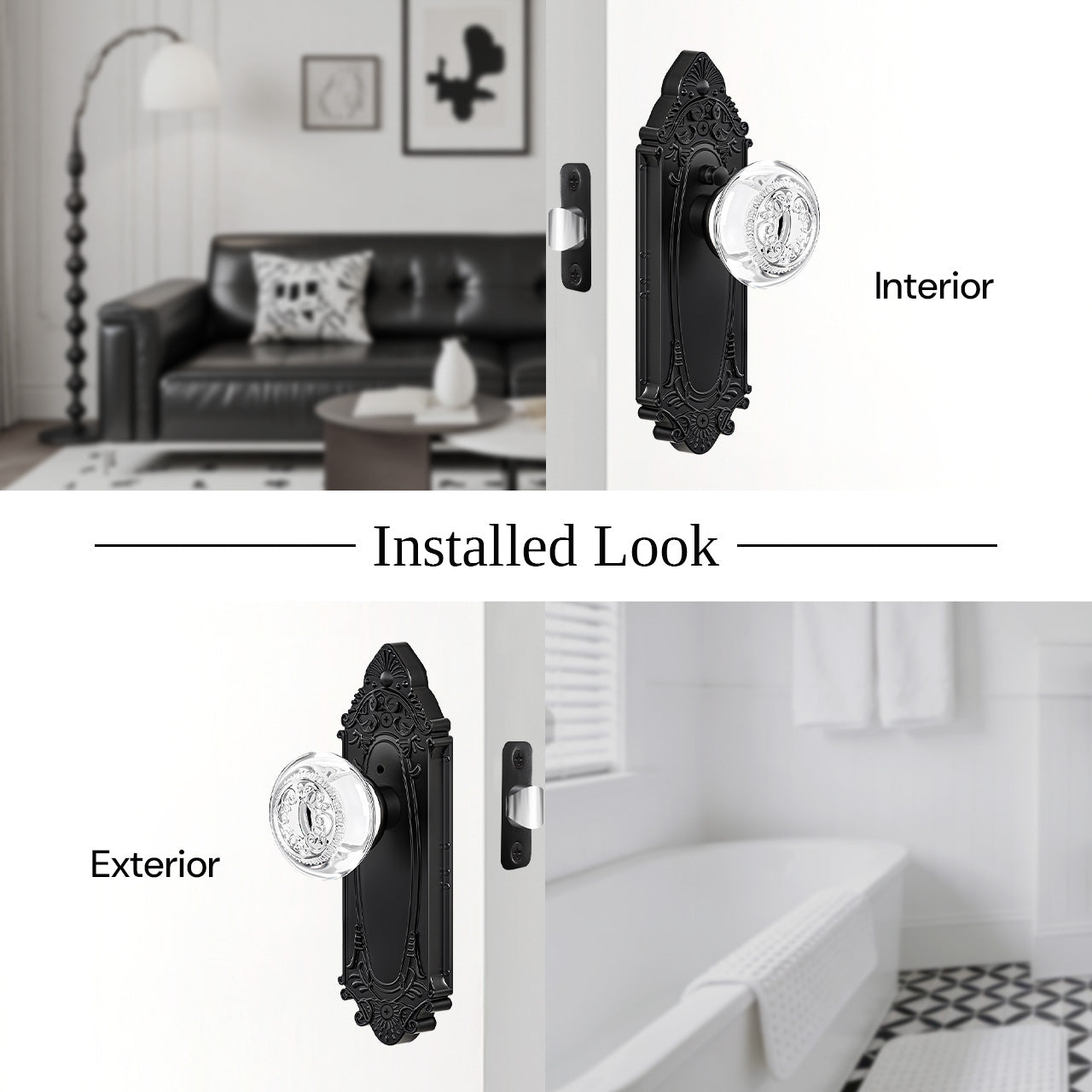 SENY vintage crystal door knob installation hardware set and door latch components