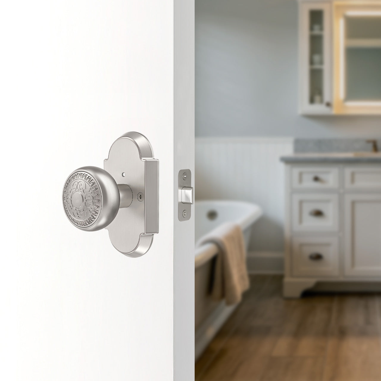 vintage door knobs with backplate installed on bathroom door privacy knob application SENY
