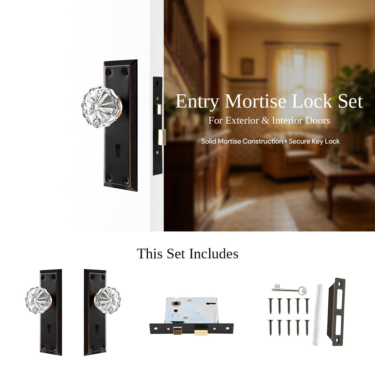 vintage mortise lock set components with crystal door knob and backplate SENY