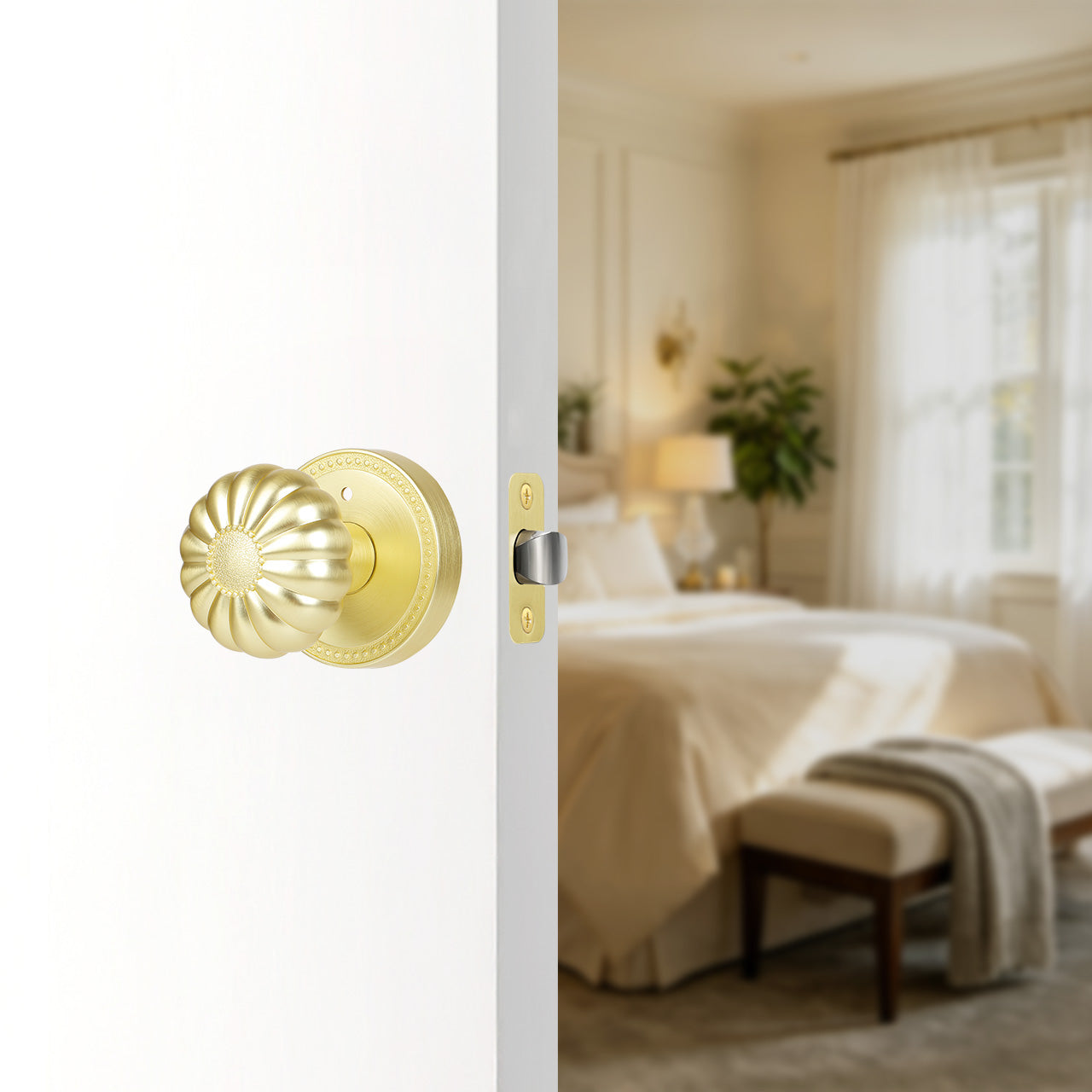 Vintage pumpkin door knob installed on decorative bedroom interior door, SENY