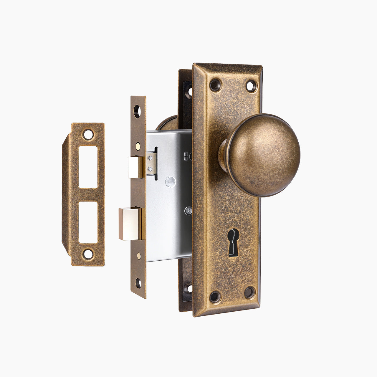 SENY Metal Mortise Lock Set for Interior Doors with Mushroom Metal Knob, Beveled Rectangular Backplate & Skeleton Key