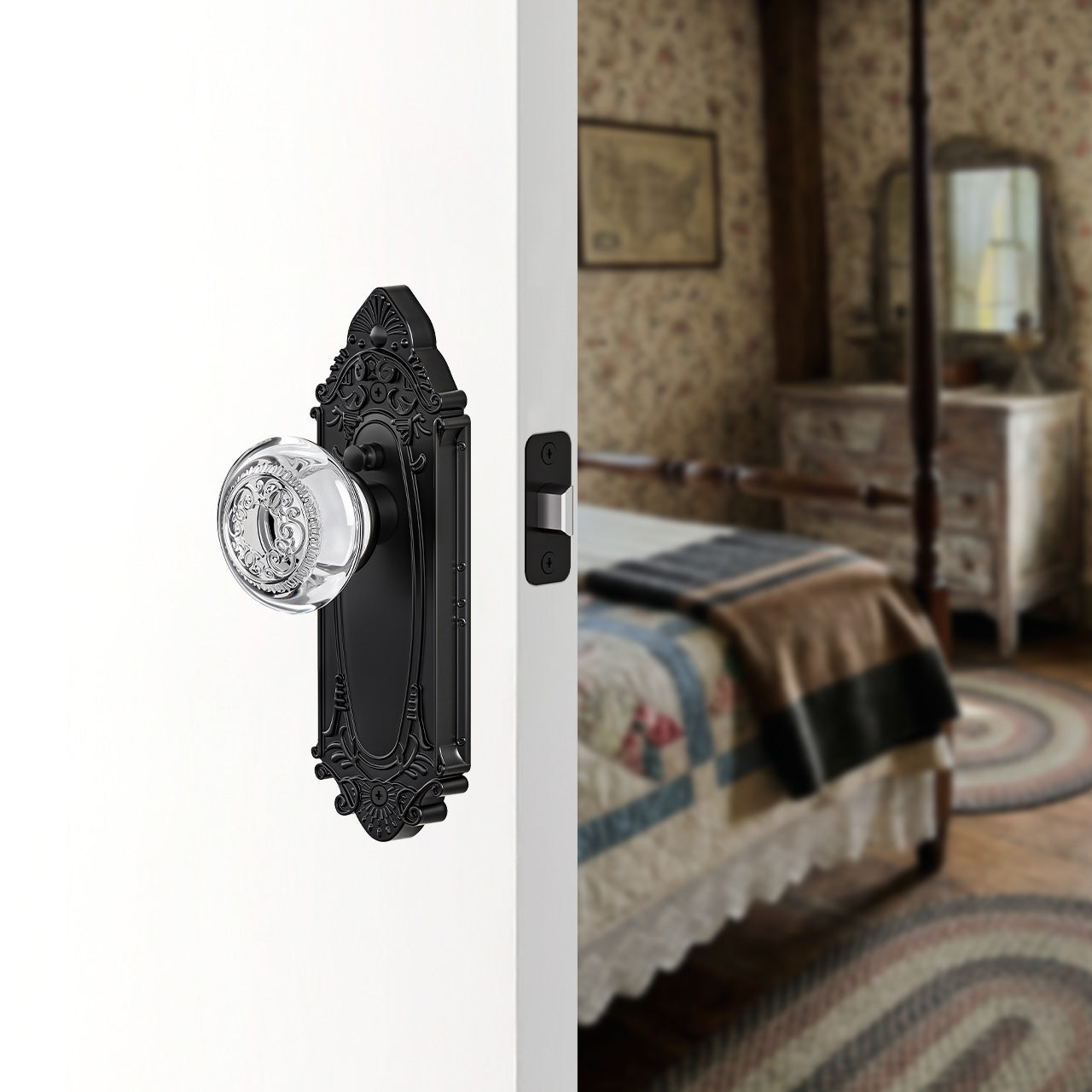 Vintage Crystal Door Knob with Ornate Antique Backplate, Interior Glass Door Handle for Privacy, Passage & Dummy Doors