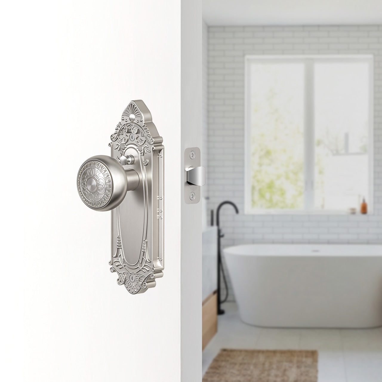 Vintage Floral Metal Door Knob with Ornate Sunburst Backplate, Interior Door Handle for Privacy, Passage & Dummy Doors