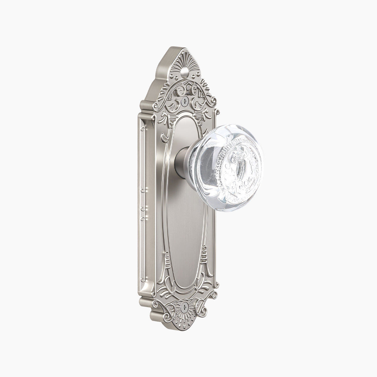 Vintage Crystal Door Knob with Ornate Antique Backplate, Interior Glass Door Handle for Privacy, Passage & Dummy Doors