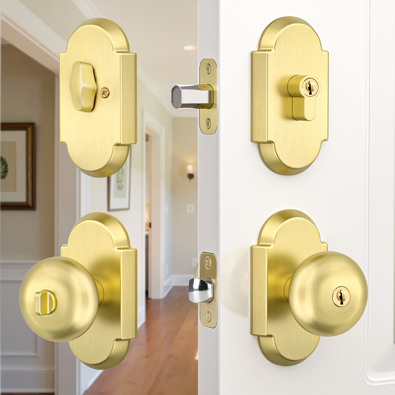 SENY Keyed Entry Door Knob Set, Mushroom Knob, Modern Arch Rosette