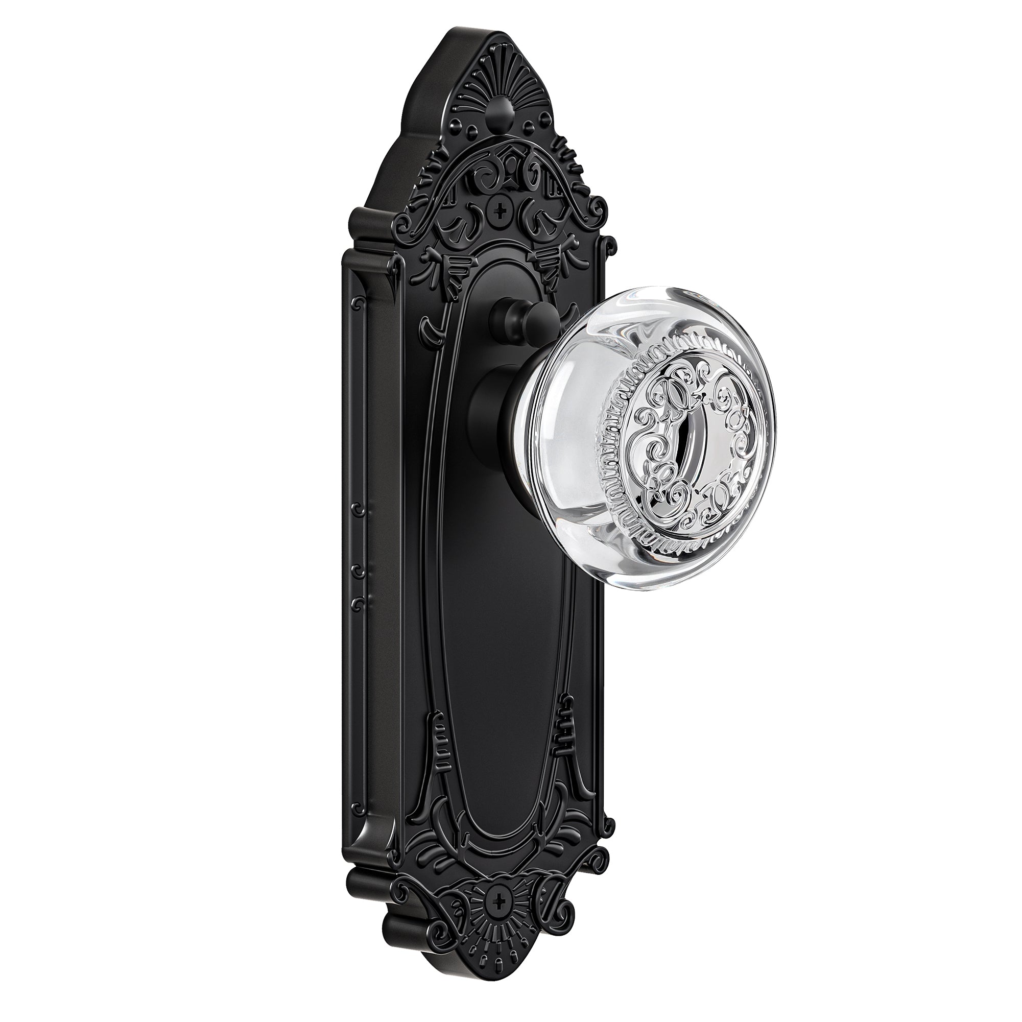 Vintage Crystal Door Knob with Ornate Antique Backplate, Interior Glass Door Handle for Privacy, Passage & Dummy Doors