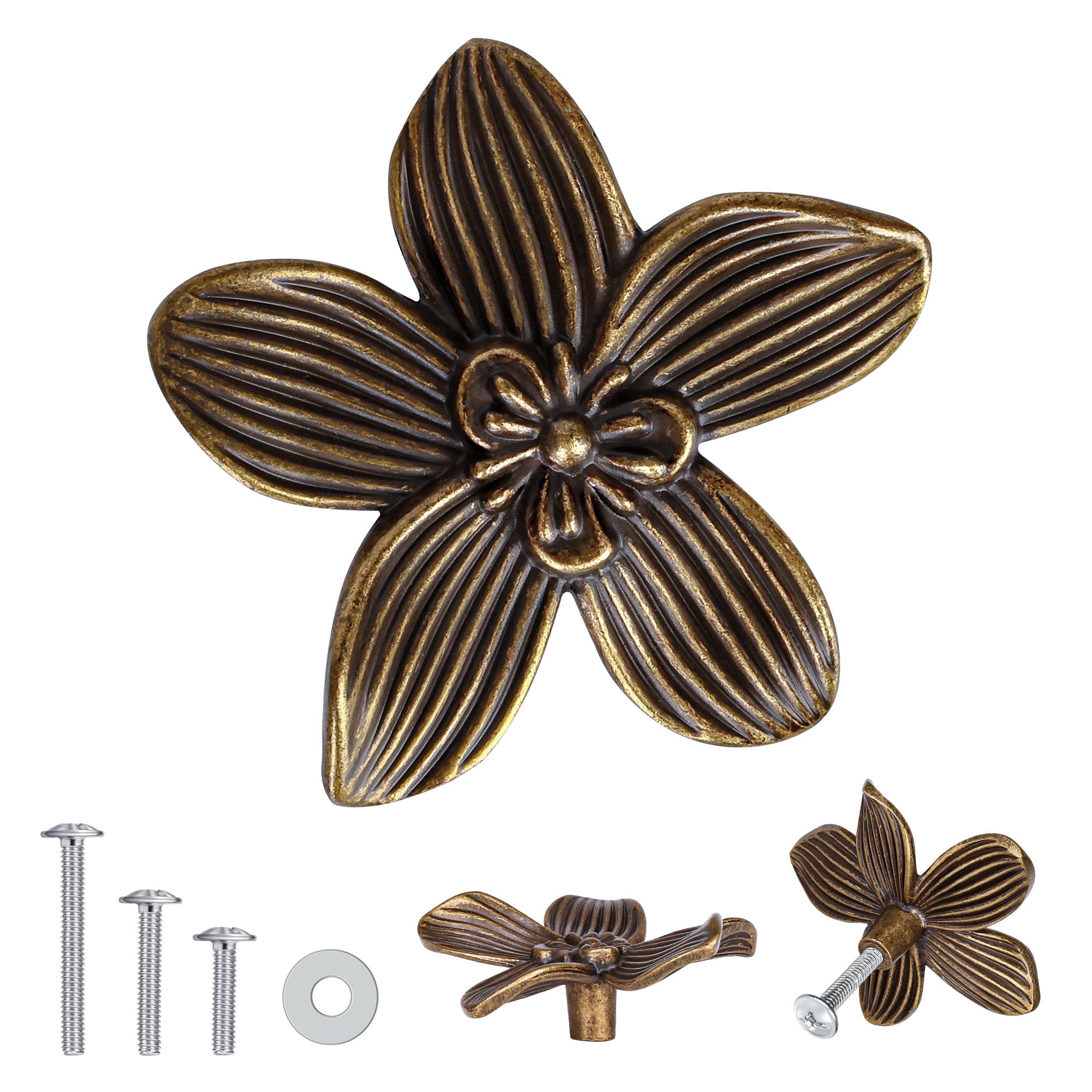 SENY 4 Pack 2.4 Inch Flower Drawer Knobs – Vintage Floral Cabinet Knobs in Gold & Antique Brass