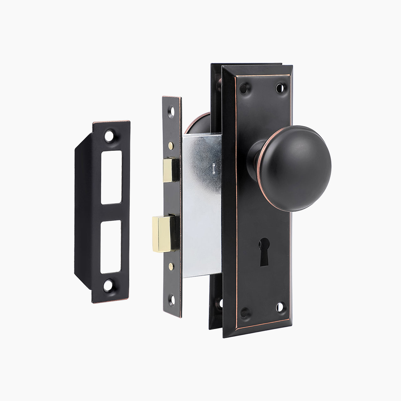 SENY Metal Mortise Lock Set for Interior Doors with Mushroom Metal Knob, Beveled Rectangular Backplate & Skeleton Key