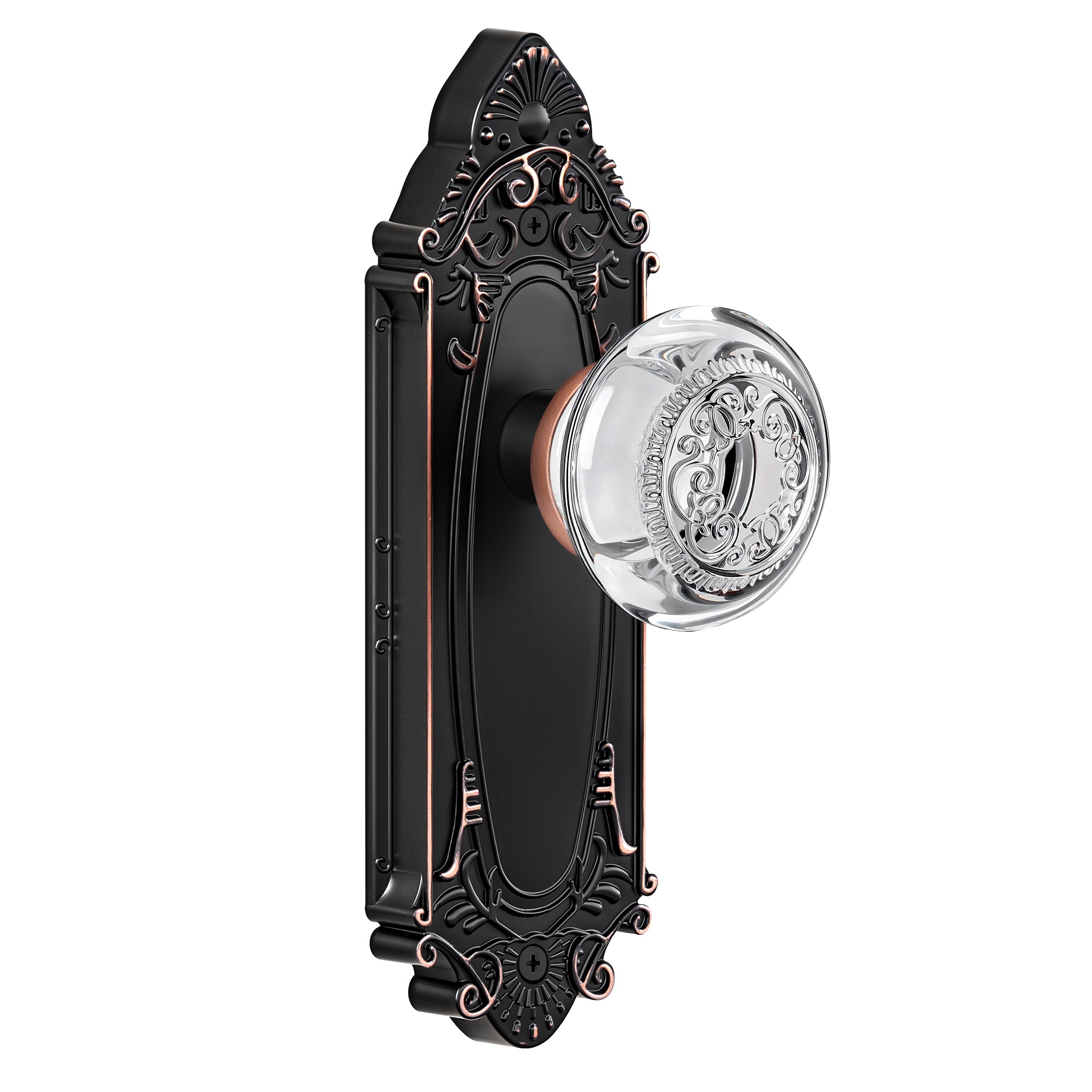 Vintage Crystal Door Knob with Ornate Antique Backplate, Interior Glass Door Handle for Privacy, Passage & Dummy Doors