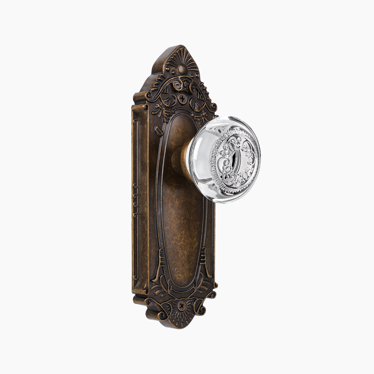 Vintage Crystal Door Knob with Ornate Antique Backplate, Interior Glass Door Handle for Privacy, Passage & Dummy Doors