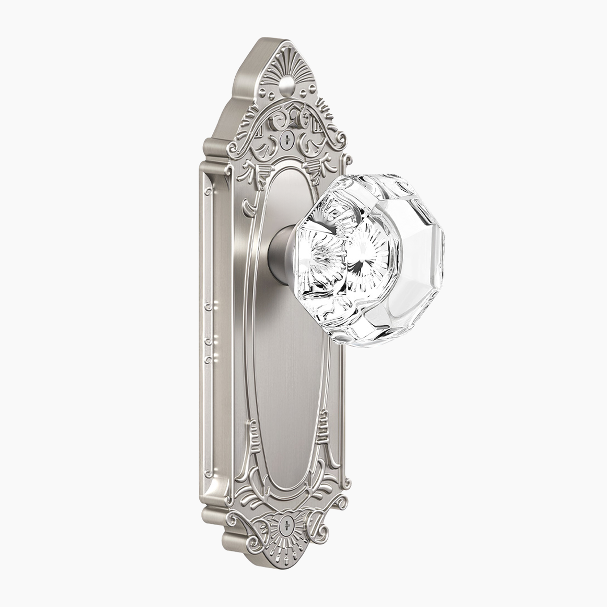 SENY Vintage Crystal Door Knob with Ornate Antique Backplate, Interior Glass Door Handle for Privacy, Passage & Dummy Doors