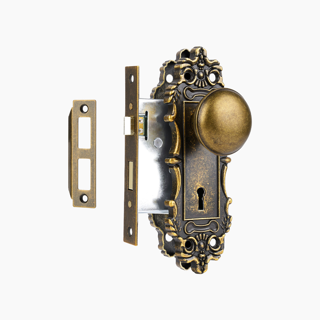 SENY Classic Mortise Lock Set for Interior Doors with Mushroom Metal Knob, Vintage Lace Backplate & Skeleton Key