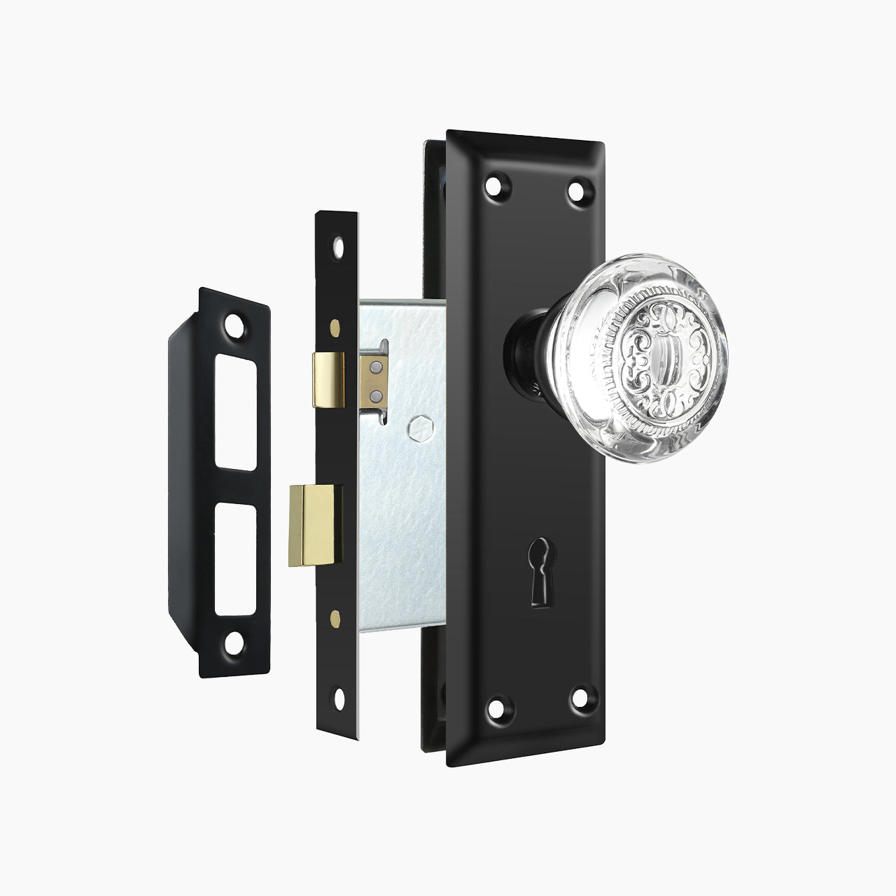 SENY Vintage Crystal Mortise Lock Set with Embossed Round Crystal Knob & Rectangular Plate