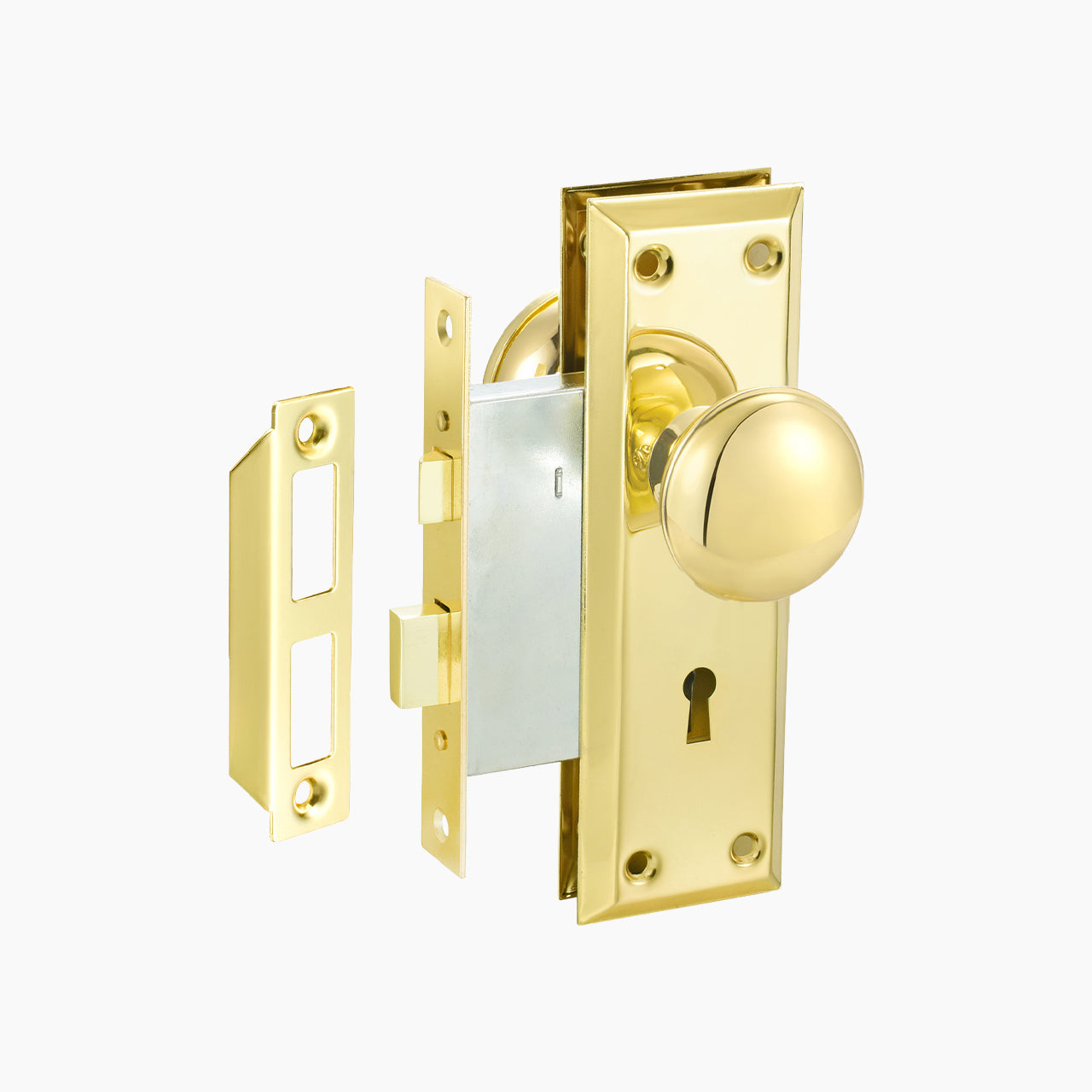 SENY Metal Mortise Lock Set for Interior Doors with Mushroom Metal Knob, Beveled Rectangular Backplate & Skeleton Key